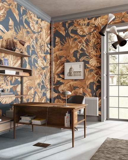 Inkiostro Bianco INKOTRO2301 Flow Volver - mural z motywem liści na jednolitym tle