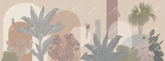 Inkiostro Bianco INKRELL2301 Flow City Jungle - mural z motywem liści na lnianym tle