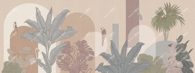 Inkiostro Bianco INKRELL2301 Flow City Jungle - mural z motywem liści na lnianym tle