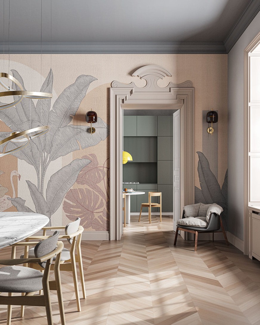 Inkiostro Bianco INKRELL2301 Flow City Jungle - mural z motywem liści na lnianym tle