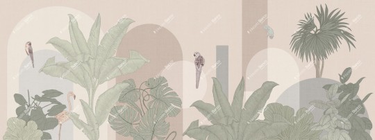 Inkiostro Bianco INKRELL2302 Flow City Jungle - mural z motywem liści na lnianym tle