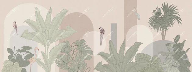 Inkiostro Bianco INKRELL2302 Flow City Jungle - mural z motywem liści na lnianym tle