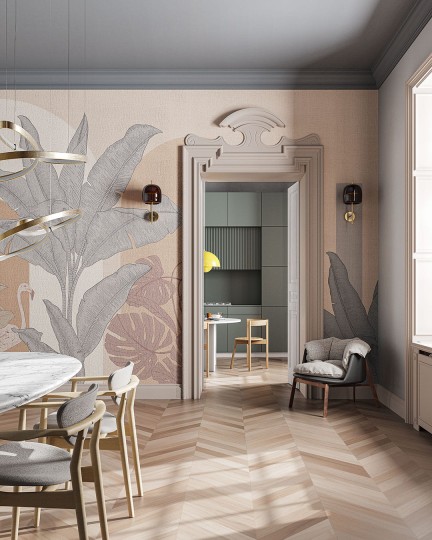 Inkiostro Bianco INKRELL2302 Flow City Jungle - mural z motywem liści na lnianym tle