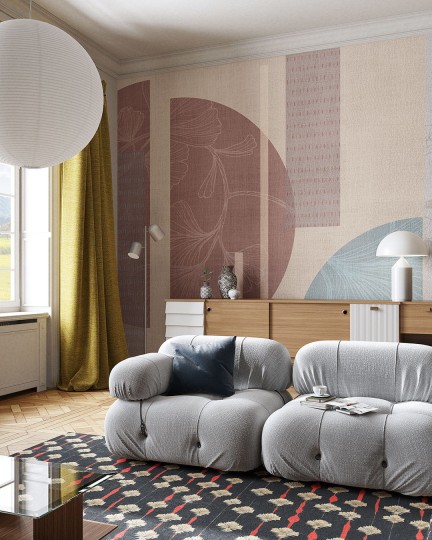 Inkiostro Bianco INKREEI2302 Flow Geometric Dance - mural z motywem liści, prostokątów i kół na lnianym tle