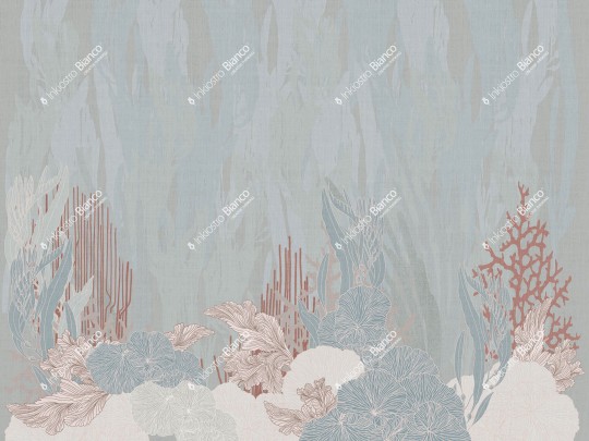 Inkiostro Bianco INKRRIA2302 Flow Marine Sound - mural z motywem liści i wodorostów na lnianym tle