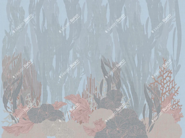 Inkiostro Bianco INKRRIA2303 Flow Marine Sound - mural z motywem liści i wodorostów na lnianym tle