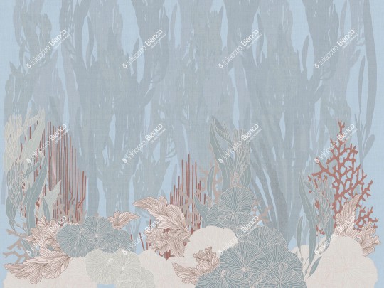 Inkiostro Bianco INKRRIA2304 Flow Marine Sound - mural z motywem liści i wodorostów na lnianym tle