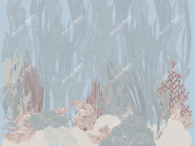 Inkiostro Bianco INKRRIA2304 Flow Marine Sound - mural z motywem liści i wodorostów na lnianym tle