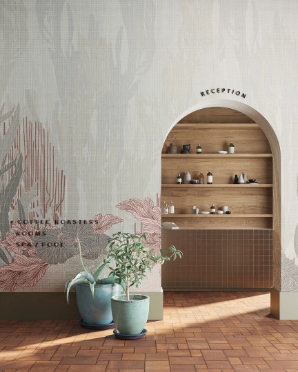 Inkiostro Bianco INKRRIA2304 Flow Marine Sound - mural z motywem liści i wodorostów na lnianym tle