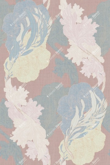 Inkiostro Bianco INKTAOH2302 Flow Ocean Symphony - mural z motywem liści na lnianym tle