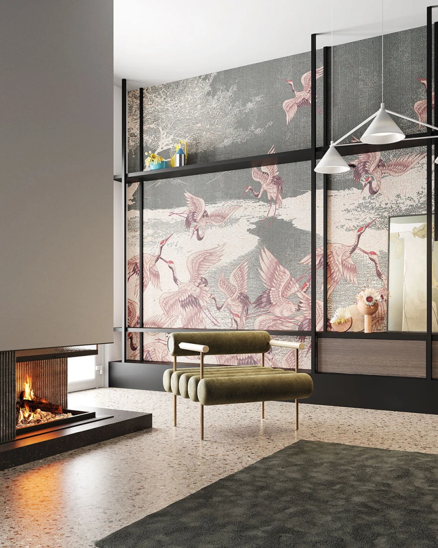 Inkiostro Bianco INKNLIA2301 Flow Begin to fly - mural z motywem żurawi nad jeziorem