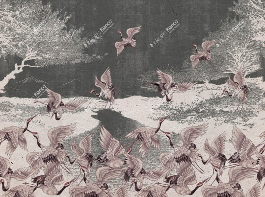 Inkiostro Bianco INKNLIA2302 Flow Begin to fly - mural z motywem żurawi nad jeziorem