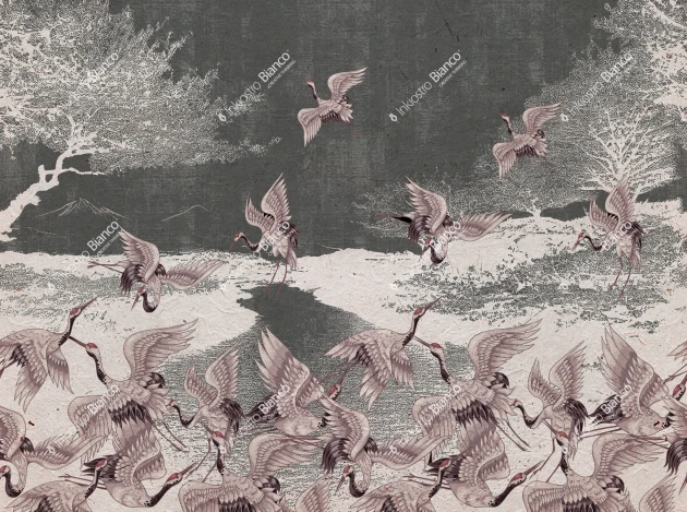 Inkiostro Bianco INKNLIA2302 Flow Begin to fly - mural z motywem żurawi nad jeziorem