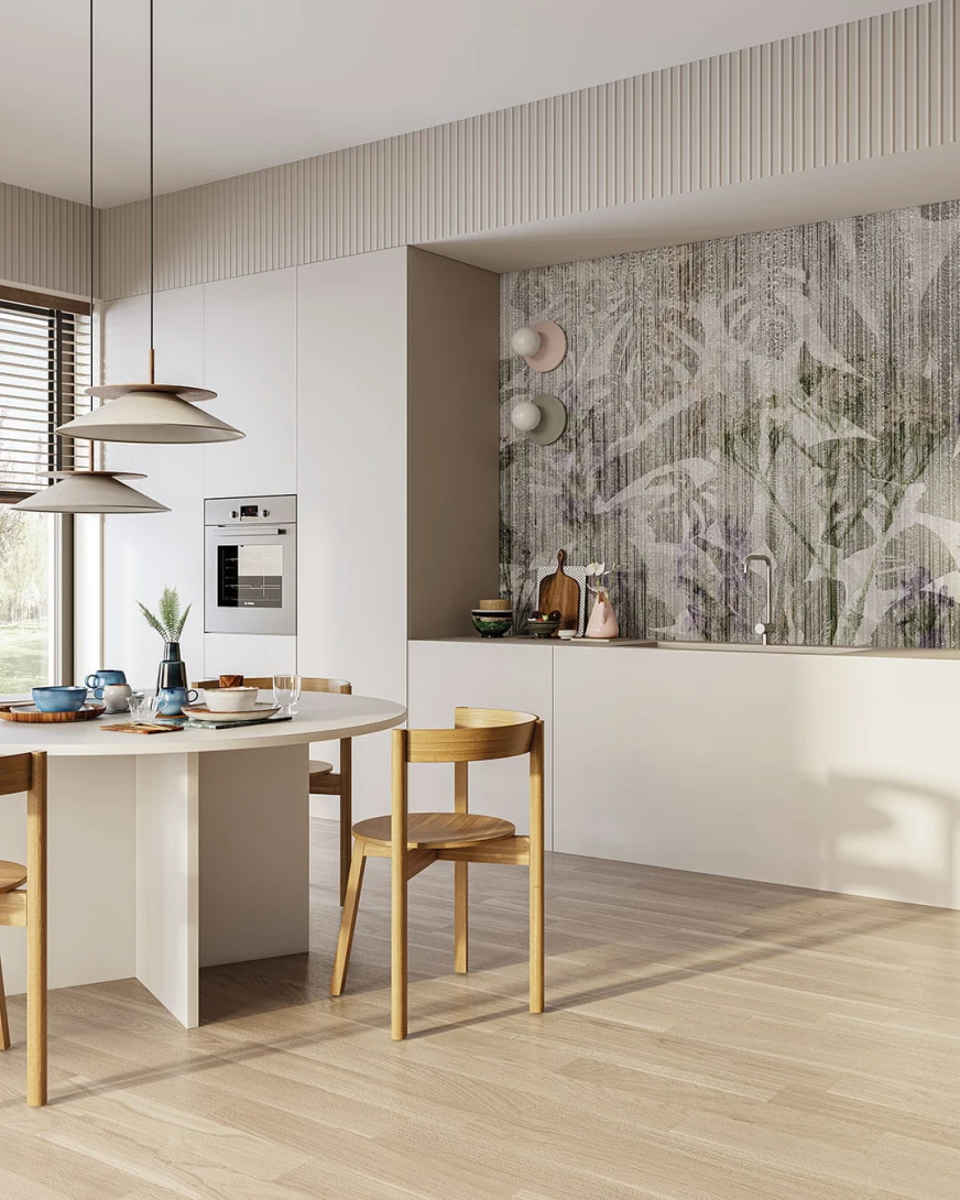 Inkiostro Bianco INKOOIC2302 Flow Rain - mural z motywem liści tle z pionowych pasów