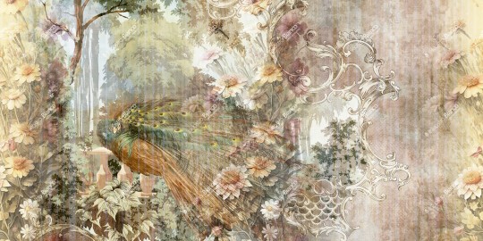 Inkiostro Bianco INKLIKO2301_A Flow Gaudy - mural z motywem pawia, lasu, kwiatów i ornamentów