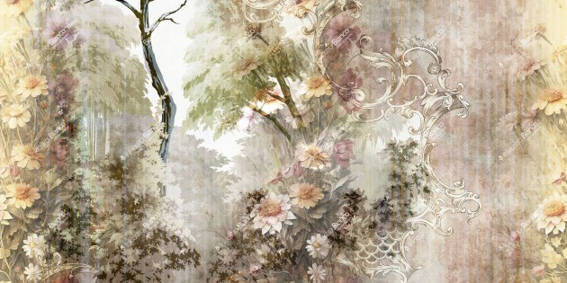 Inkiostro Bianco INKLIKO2301_B Flow Gaudy - mural z motywem pawia, lasu, kwiatów i ornamentów