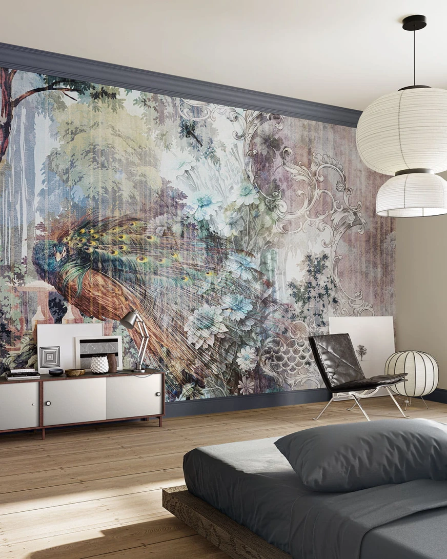 Inkiostro Bianco INKLIKO2301_B Flow Gaudy - mural z motywem pawia, lasu, kwiatów i ornamentów