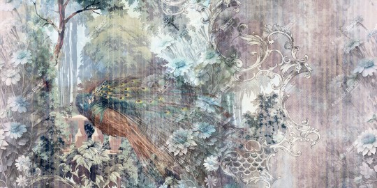 Inkiostro Bianco INKLIKO2302_A Flow Gaudy - mural z motywem pawia, lasu, kwiatów i ornamentów
