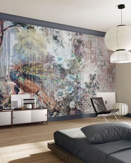 Inkiostro Bianco INKLIKO2302_A Flow Gaudy - mural z motywem pawia, lasu, kwiatów i ornamentów