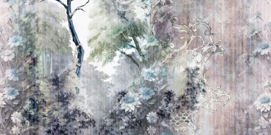 Inkiostro Bianco INKLIKO2302_B Flow Gaudy - mural z motywem pawia, lasu, kwiatów i ornamentów