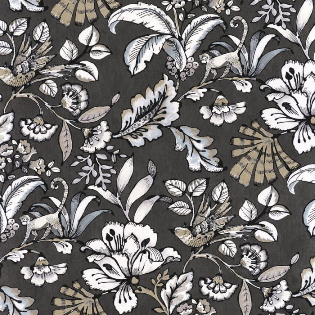 Casamance 74522552 Ceylan Paiony Anthracite - tapeta roślinna ze zwierzętami