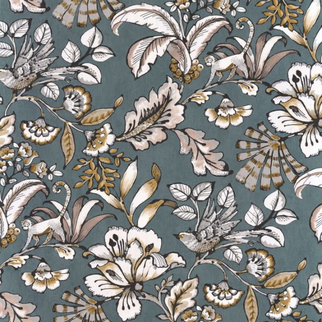 Casamance 74522654 Ceylan Paiony Gris Bleu - tapeta roślinna ze zwierzętami