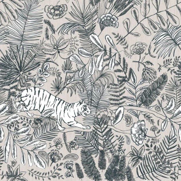 Casamance 74543582 Ceylan Pashu Blanc - mural botaniczny z tygrysem