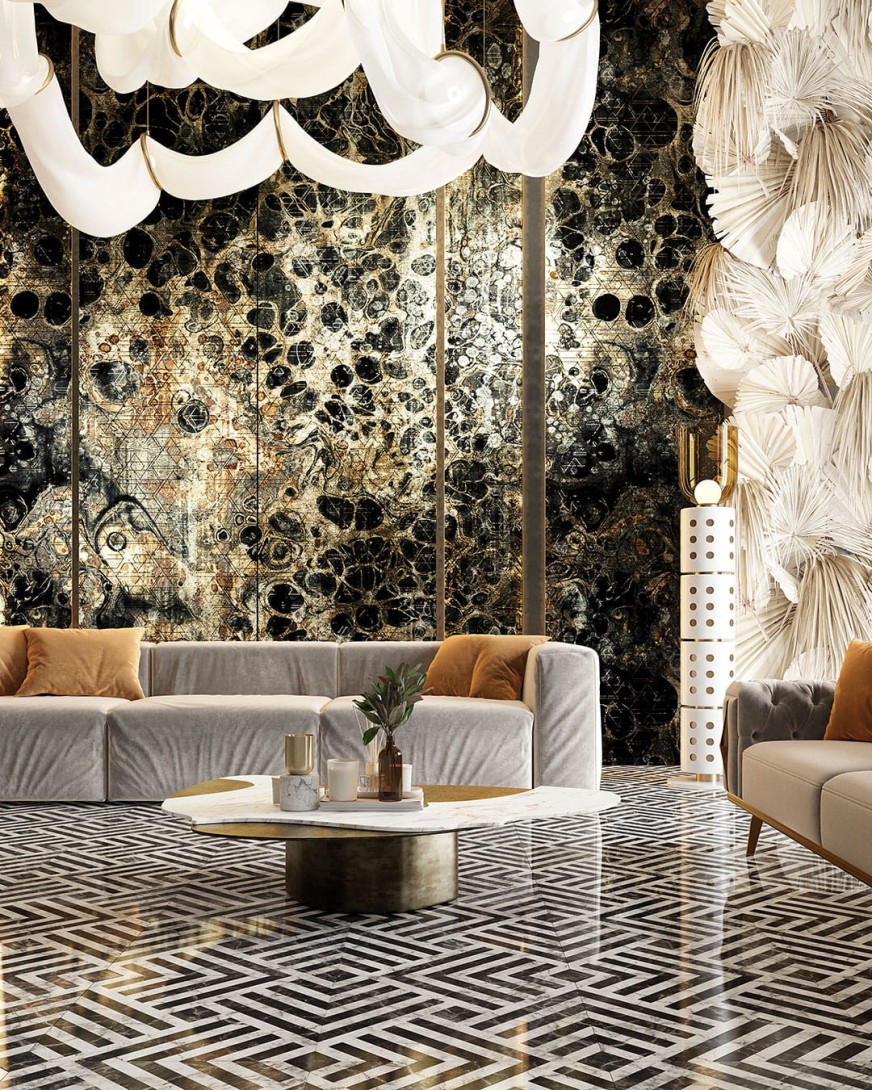 Inkiostro Bianco INKOOOO2302 Goldenwall 2023 Fluidity - mural z motywem trójkątów i wody