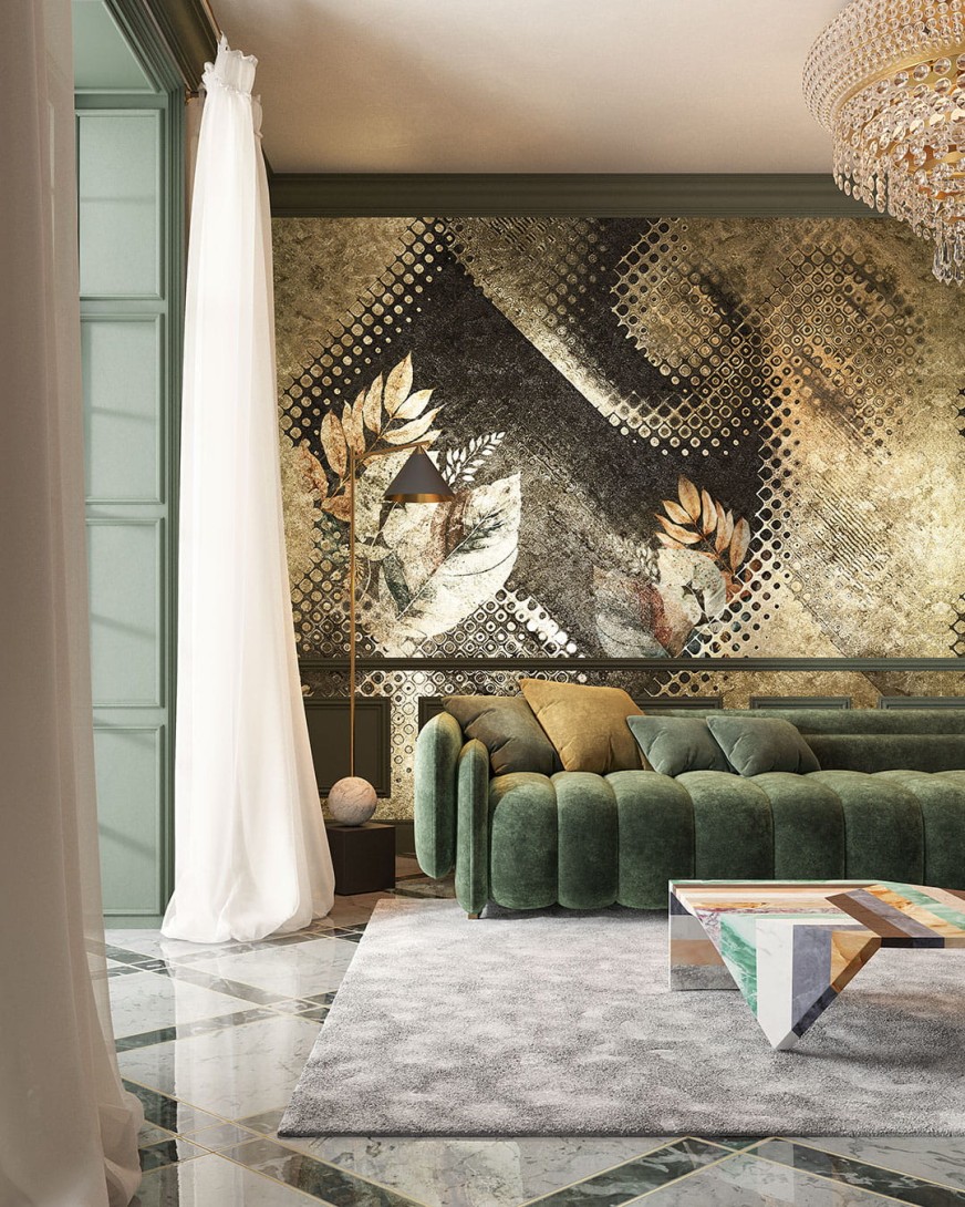 Inkiostro Bianco INKKILP2301 Goldenwall 2023 Kookspook - mural z motywem kół, kwadratów, liści i postarzanego tła