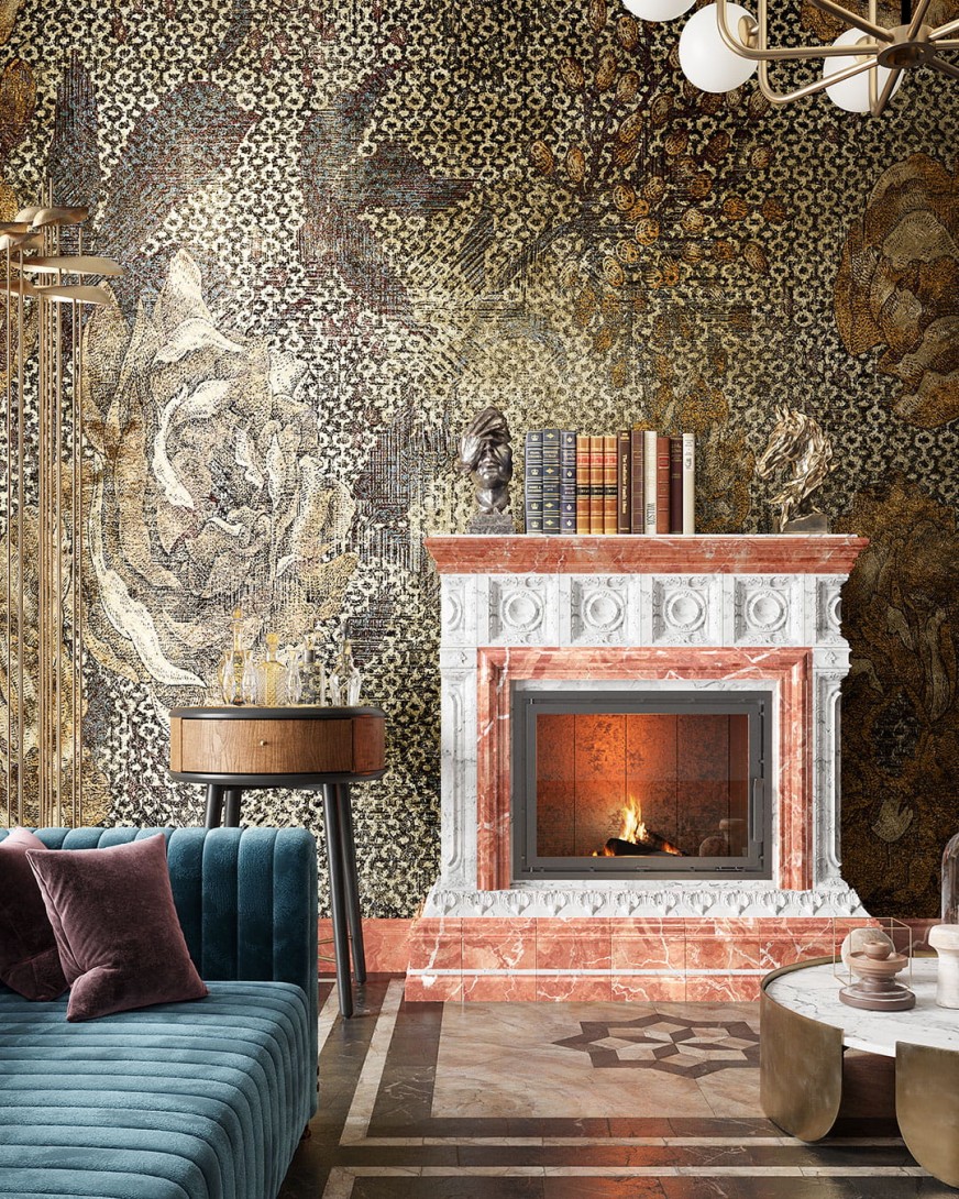 Inkiostro Bianco INKMSEO2301 Goldenwall 2023 Golden Vibes - mural z motywem kwiatów i ornamentów