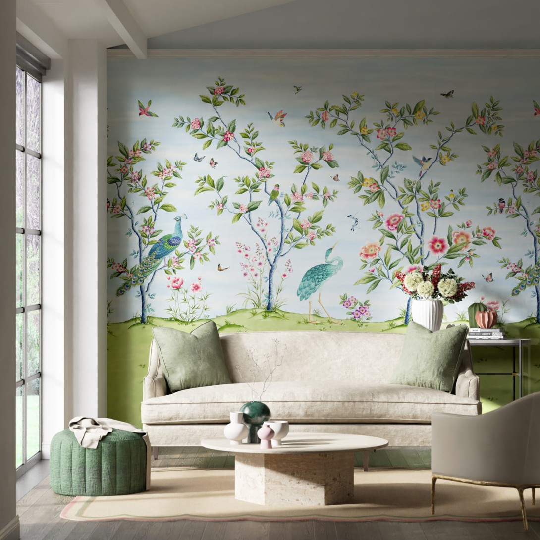 Harlequin 112889 Diane Hill Florence Sky/Meadow/Blossom - mural z motywem drzewa z kwiatami i pawi