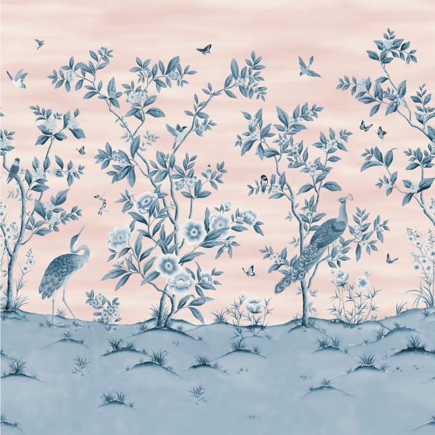 Harlequin 112890 Diane Hill Florence Powder/China Blue - mural z motywem drzewa z kwiatami i pawi