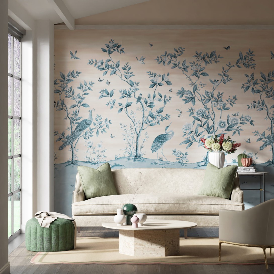 Harlequin 112890 Diane Hill Florence Powder/China Blue - mural z motywem drzewa z kwiatami i pawi