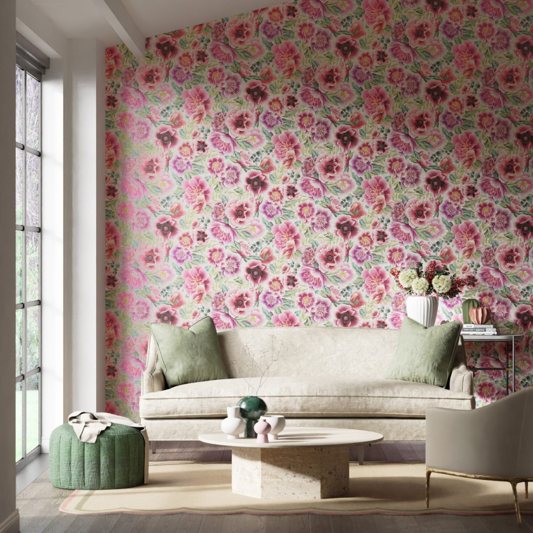 Harlequin 112902 Diane Hill Marsha Powder/Peony/Magenta - tapeta z motywem piwonii i maków