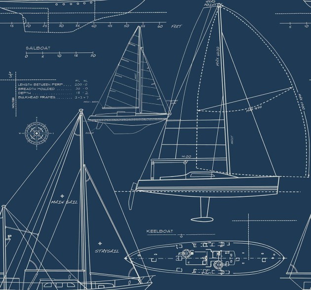 Wallquest YC61312 Yacht Club Yacht Blueprint - tapeta z motywem jachtów