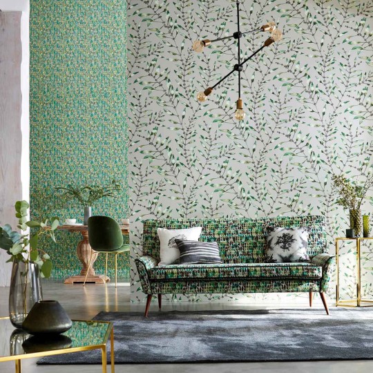 Harlequin 111634 Colour 4 Chaconia Emerald/Lime - tapeta z motywem gałązek i kwiatów na jednolitym tle