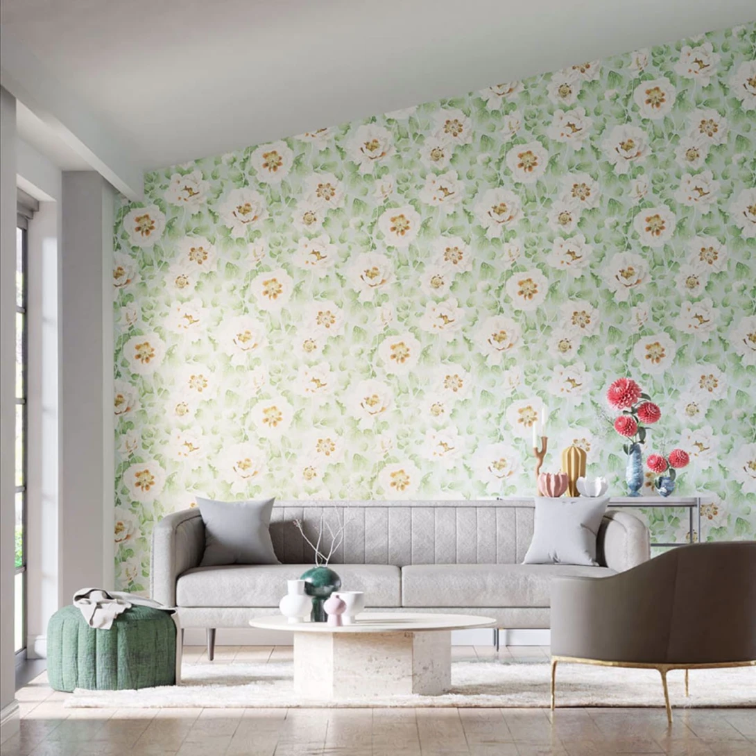 Harlequin 113015 Colour 4 Florent Seaglass/Clover/Rosehip - tapeta z motywem pędów kwiatów