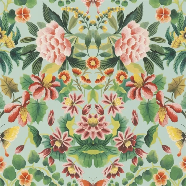 Designers Guild PDG1156/05 Ikebana Damask Aqua - tapeta z motywem kwiatowego adamaszku