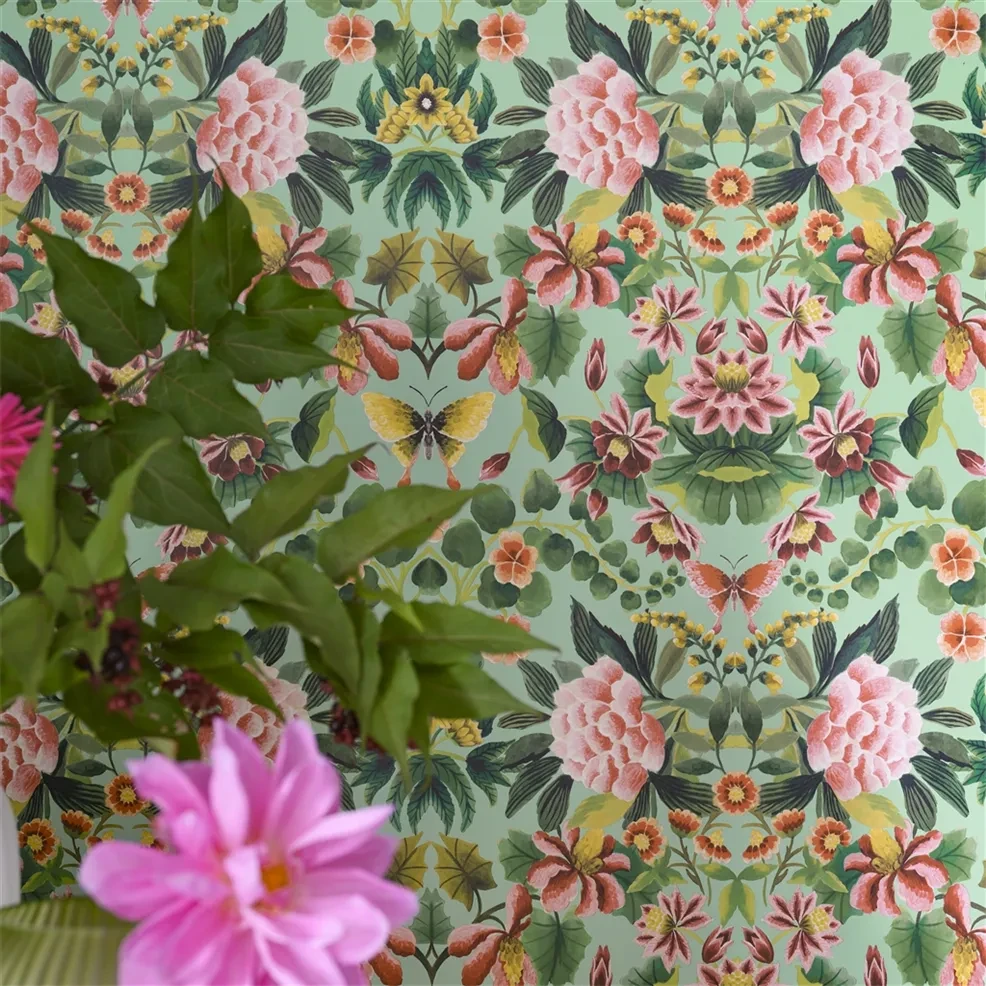 Designers Guild PDG1156/05 Ikebana Damask Aqua - tapeta z motywem kwiatowego adamaszku