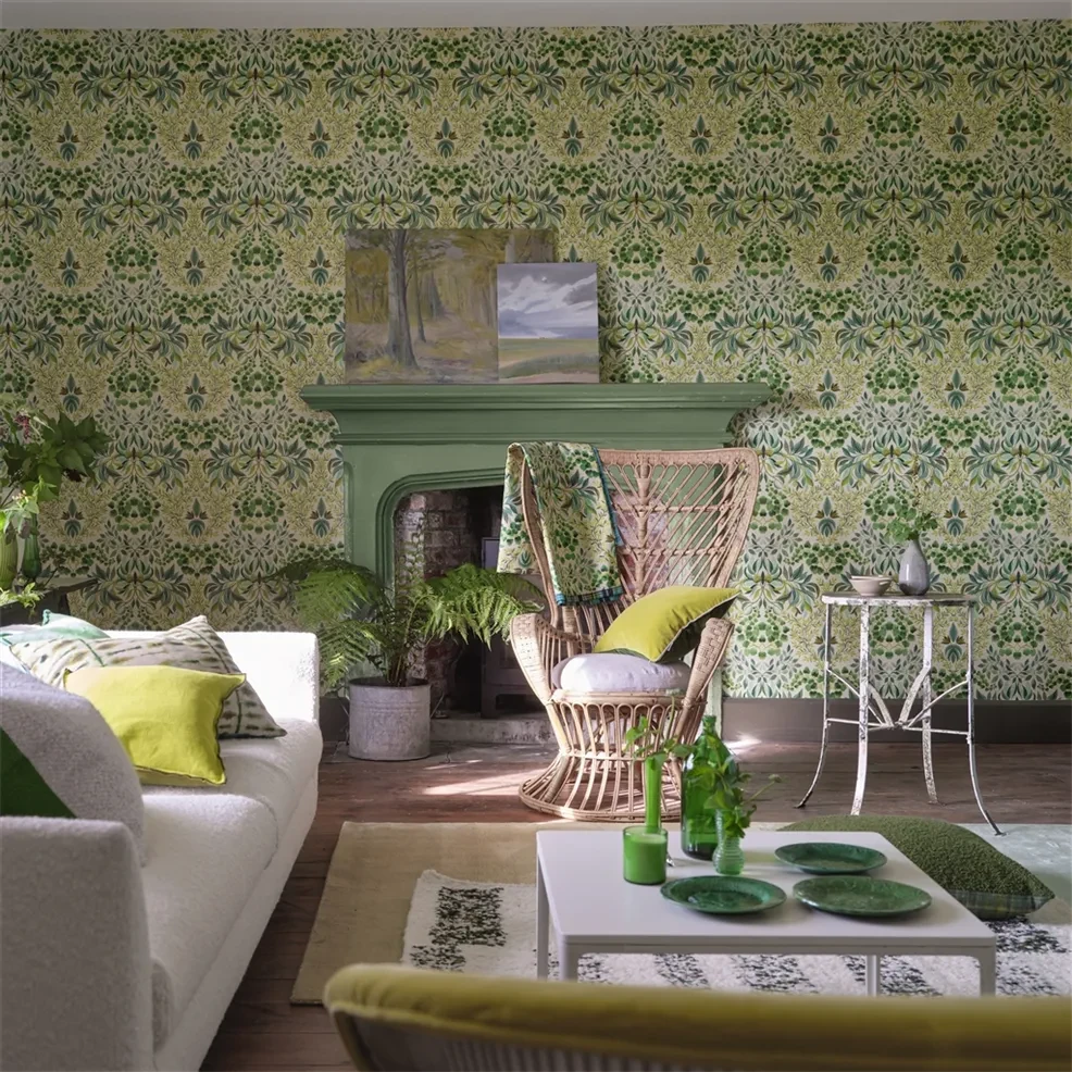 Designers Guild PDG1157/04 Ikebana Karakusa Emerald - tapeta z motywem kwiatowego adamaszku