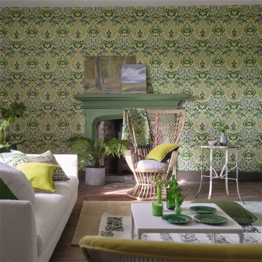 Designers Guild PDG1157/04 Ikebana Karakusa Emerald - tapeta z motywem kwiatowego adamaszku