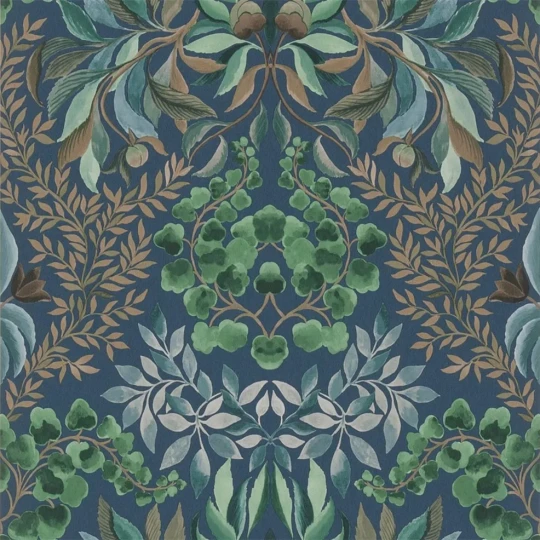 Designers Guild PDG1157/06 Ikebana Karakusa Midnight - tapeta z motywem kwiatowego adamaszku