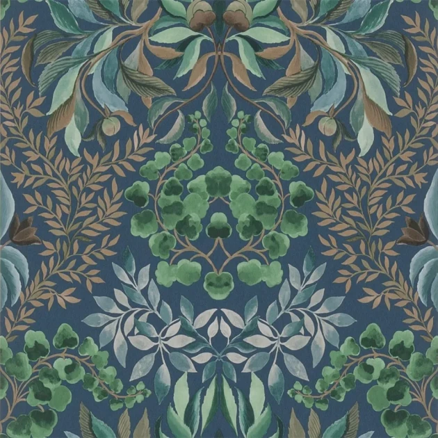 Designers Guild PDG1157/06 Ikebana Karakusa Midnight - tapeta z motywem kwiatowego adamaszku