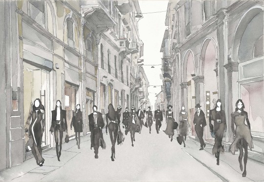 Tecnografica Art Collections Marco Fontana: Via Della Spiga Grey - mural z motywem miasta i ludzi