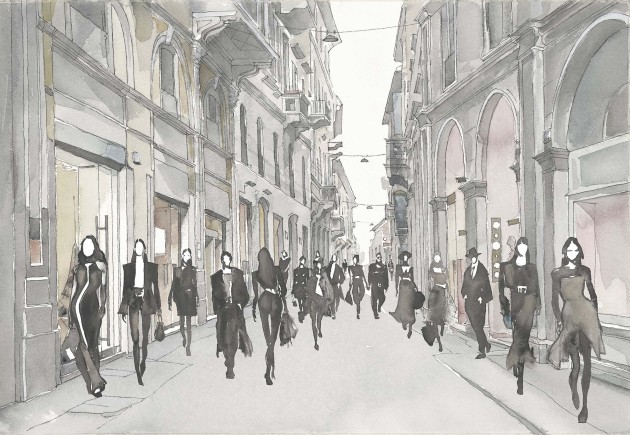 Tecnografica Art Collections Marco Fontana: Via Della Spiga Grey - mural z motywem miasta i ludzi
