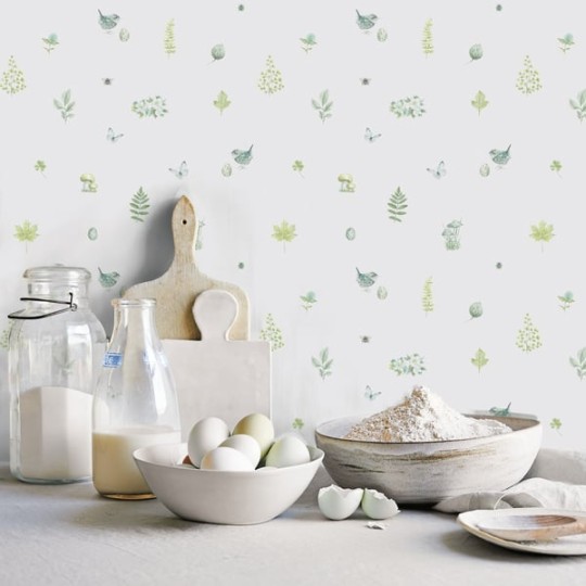 Galerie G45443 Just Kitchen - leśna tapeta z motywem trzmiela, liści, kwiatów, grzybów, kwiatów i motyli