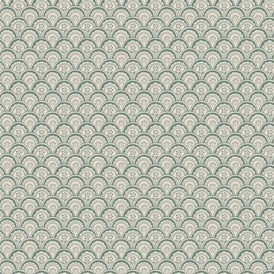 Sandberg S10236 Le Village Beata Moss Green - tapeta geometryczna z kwiatami zamkniętymi w muszlach