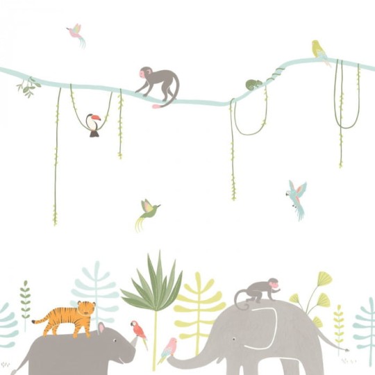 Casadeco 82994343 Happy Dreams Panoramique Jungle - tropikalny mural z motywem nosorożców, małpek, słoni, ptaków i tygrysów