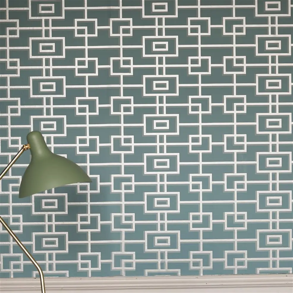 Designers Guild P533/10 Zardozi Rheinsberg Teal - tapeta z motywem prostokątów