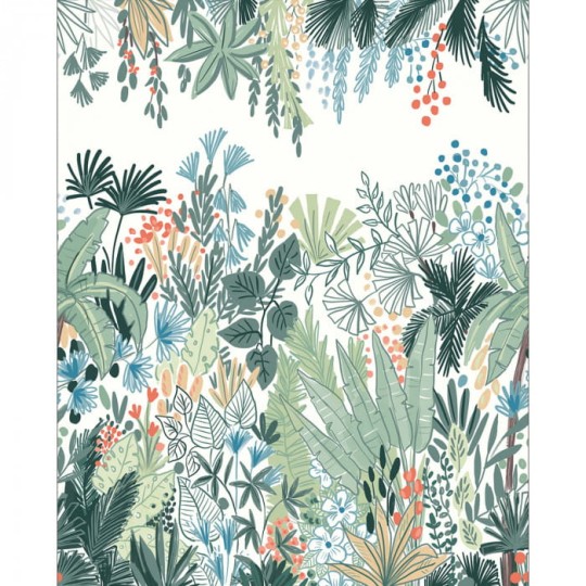 Caselio 102424178 Beauty Full Image 2 Panoramique Foret D'emeraude - mural z motywem łąki kwiatów i ptaków